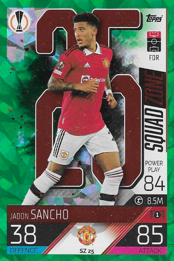 Jadon Sancho, Manchester United, Topps Match Attax Extra 2022/23, 2023 Crystal Emerald Green Parallel Card, SZ 25, Trading Card Collectible