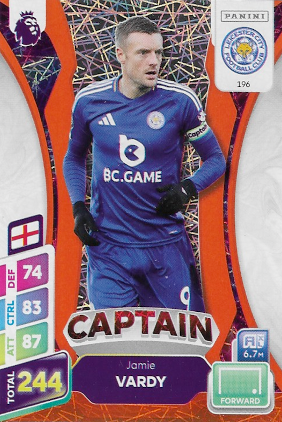Jamie Vardy Orange Parallel Captain Card #196 - Panini Adrenalyn XL PLUS 2025 Premier League (Leicester City)