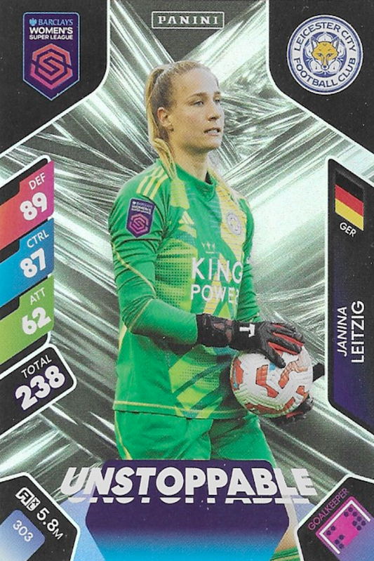 Janina Leitzig Unstoppable Card #303 - WSL 2025 Women's Super League - Panini Adrenalyn XL (Leicester City)