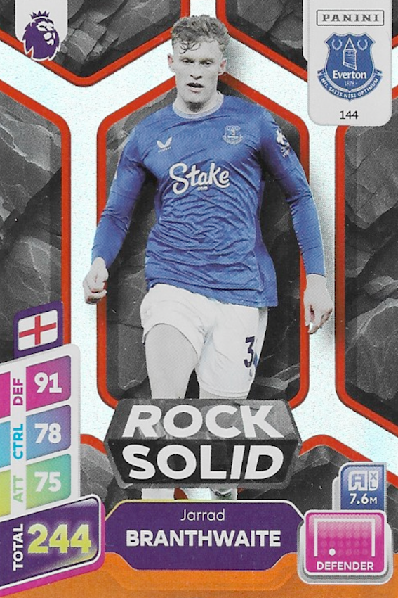 Jarrad Branthwaite Rock Solid Orange Parallel Card #144 - Panini Adrenalyn XL PLUS 2025 Premier League (Everton)
