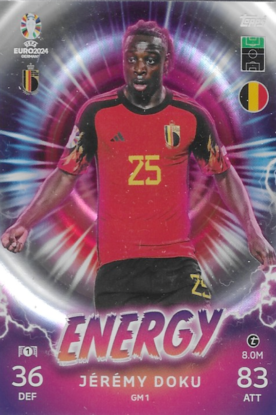 Jeremy Doku ENERGY GM1 Card - Topps Match Attax Uefa Euros 2024 Germany