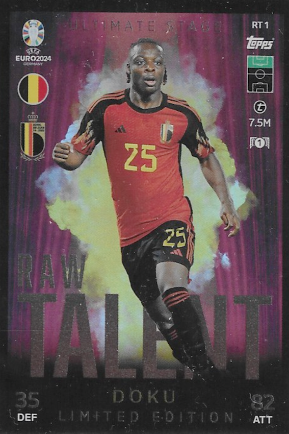 Jeremy Doku Limited Edition RAW Talent Card No RT1 - Topps Match Attax EURO 2024