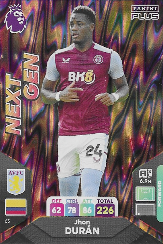 Jhon Duran Next Gen Card No #63 - Panini Adrenalyn XL Plus 2024 Premier League 