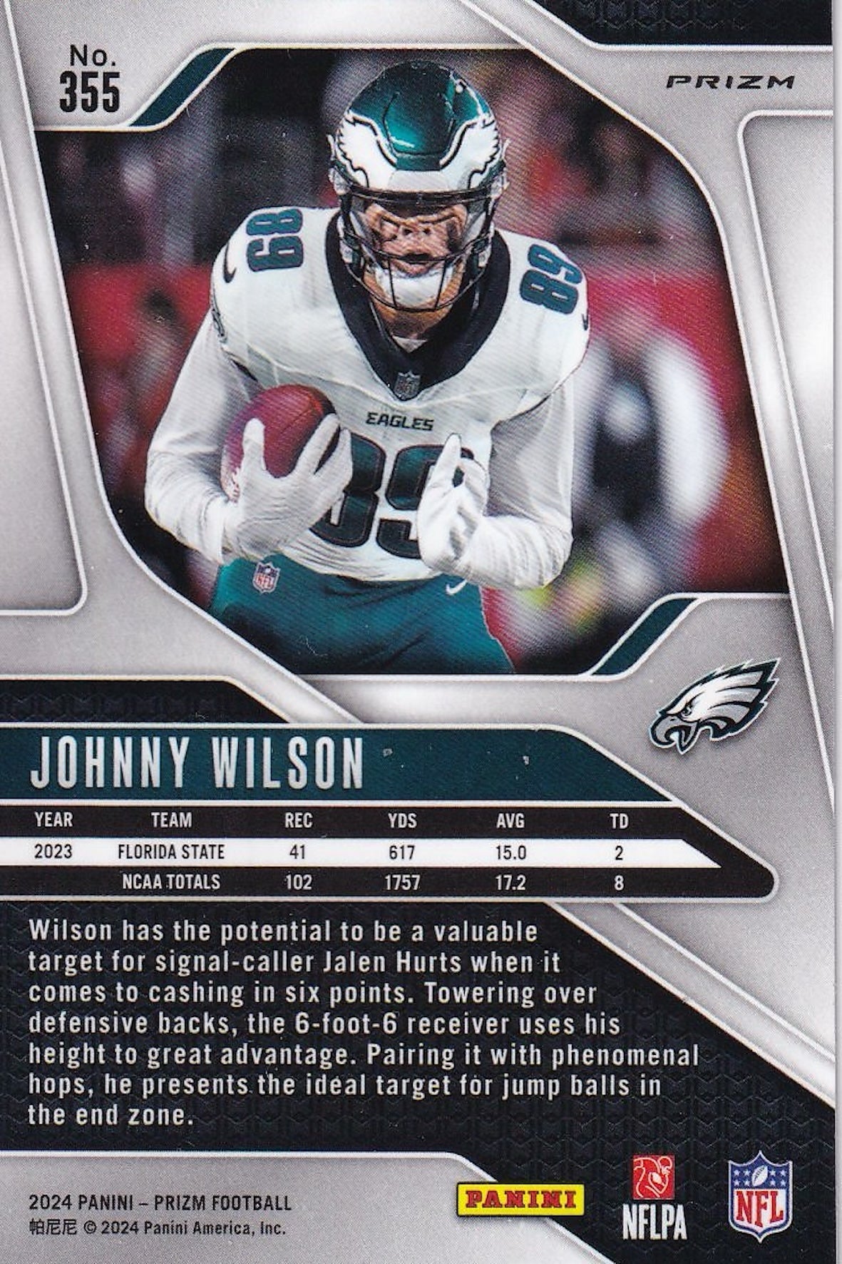 Johnny Wilson 2024 Panini Prizm Rookie Card Pink Wave Prizm #355 RC - Philadelphia Eagles, NFL