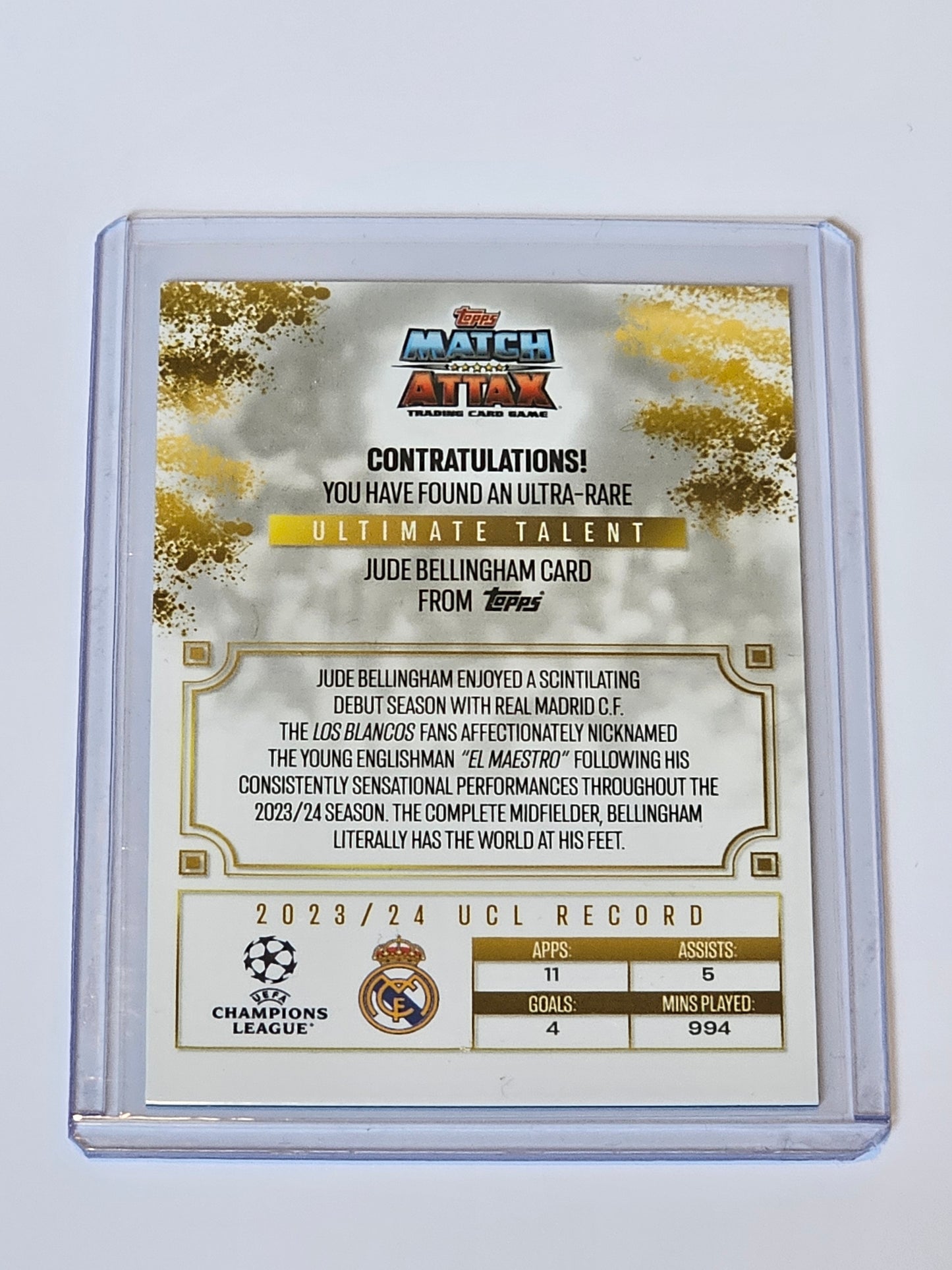 Jude Bellingham ULTIMATE TALENT MAESTRO DE MADRID #UTF-JB - Topps Match Attax 2024/2025 in top loader back