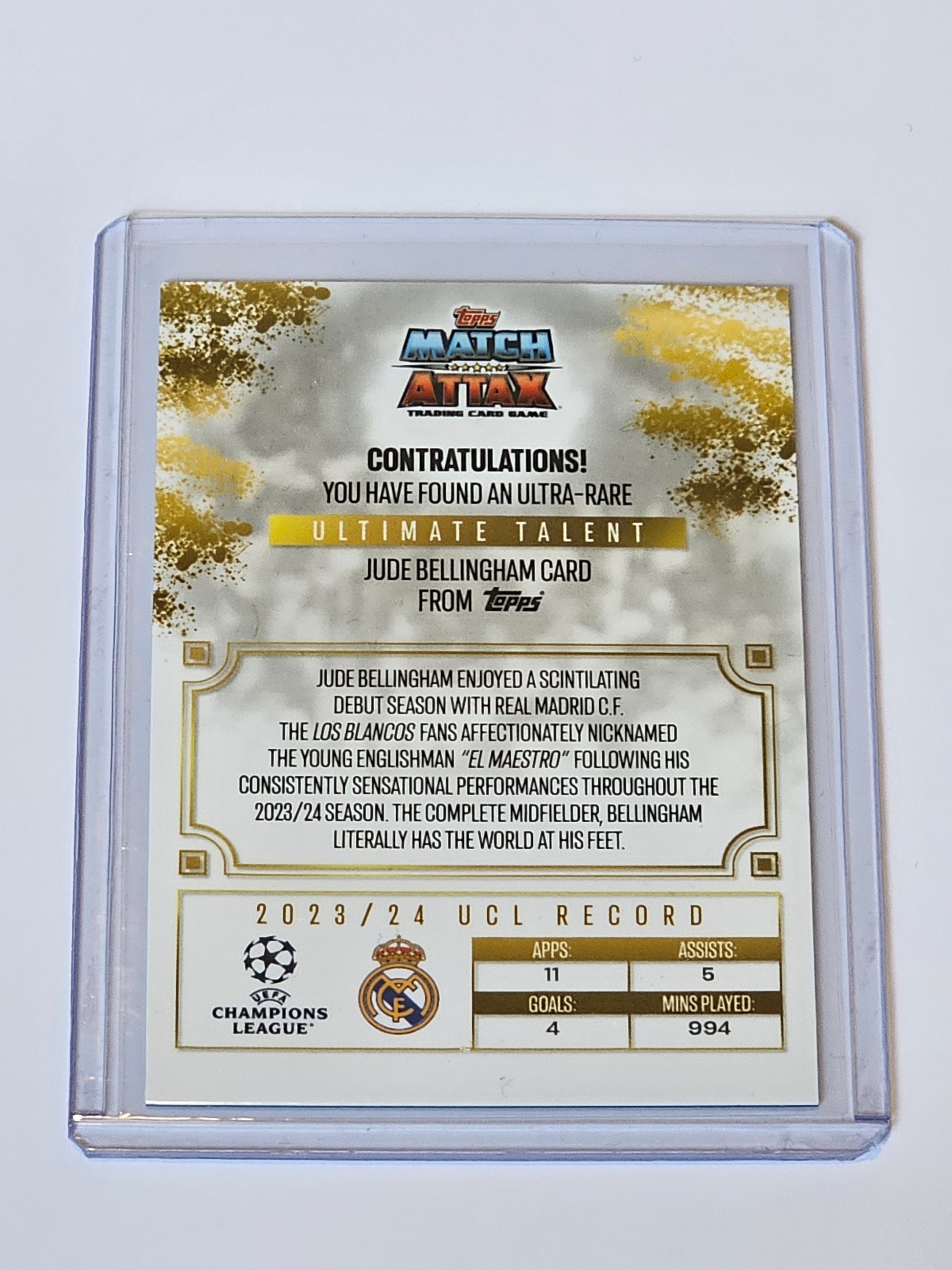 Jude Bellingham ULTIMATE TALENT MAESTRO DE MADRID #UTF-JB - Topps Match Attax 2024/2025 in top loader back