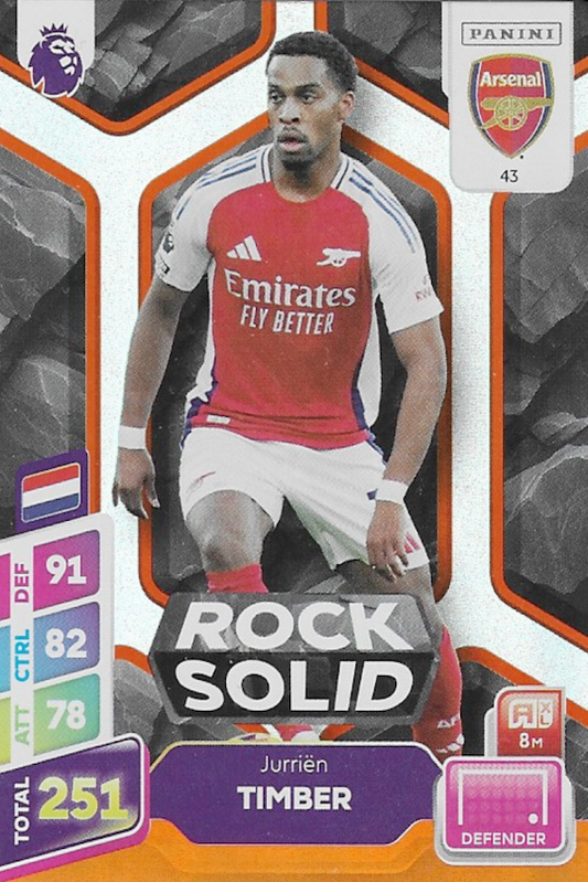 Jurrien Timber Rock Solid Orange Parallel Card #43 - Panini Adrenalyn XL PLUS 2025 Premier League (Arsenal)