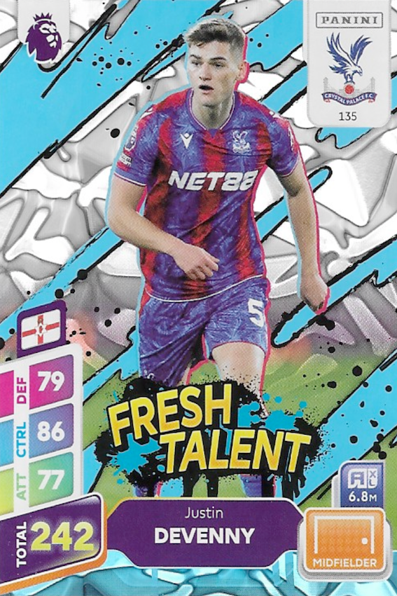 Justin Devenny Fresh Talent Blue Parallel Card #135 - Adrenalyn XL Plus 2025 Premier League (Crystal Plalace)