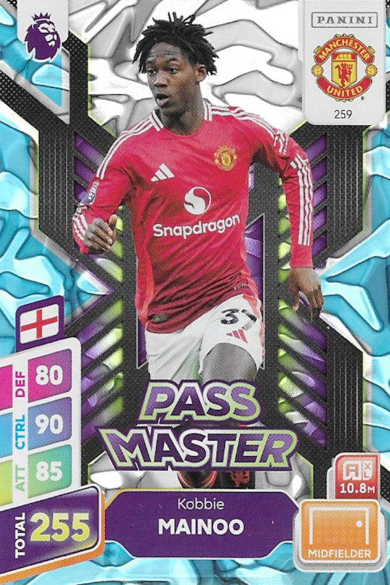 Kobbie Mainoo Pass Master Blue Parallel Card #259 - Panini Adrenalyn XL PLUS 2025 Premier League (Manchester United)
