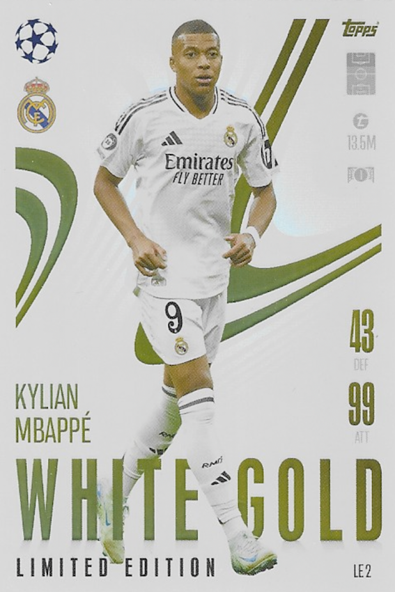 Kylian Mbappe White Gold Limited Edition Card, LE2 - Topps Match Attax Extra 2024/2025