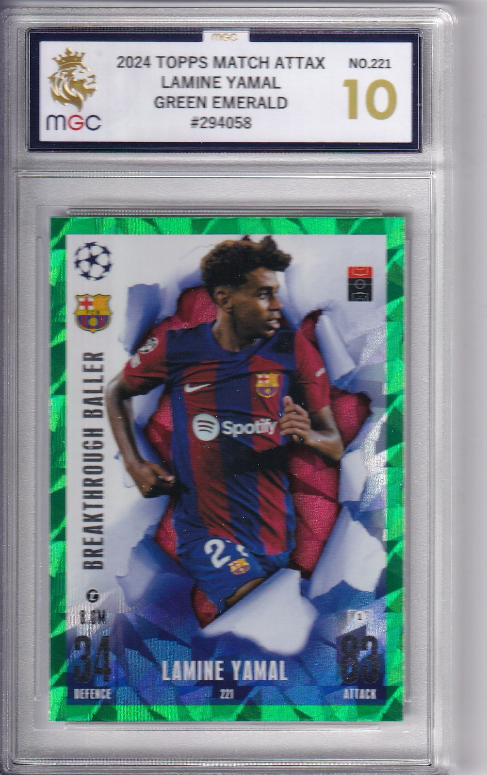 Lamine Yamal ROOKIE MGC 10 Gem Mint - Green Emerald Breakthrough Baller #221 Match Attax Extra 23/24
