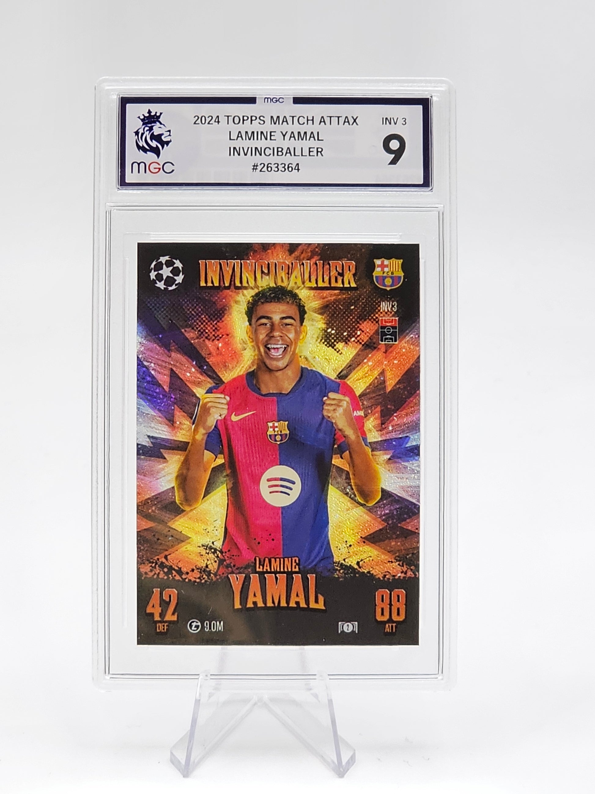Framed sports trading card of a player in a blue and red jersey with a colorful design.