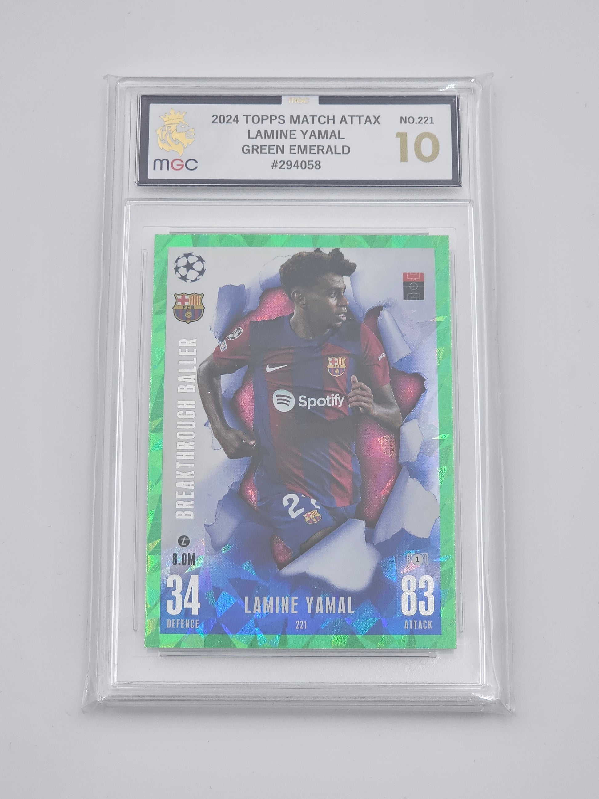 Lamine Yamal ROOKIE MGC 10 Gem Mint - Green Emerald Breakthrough Baller #221 Match Attax Extra 23/24 - front