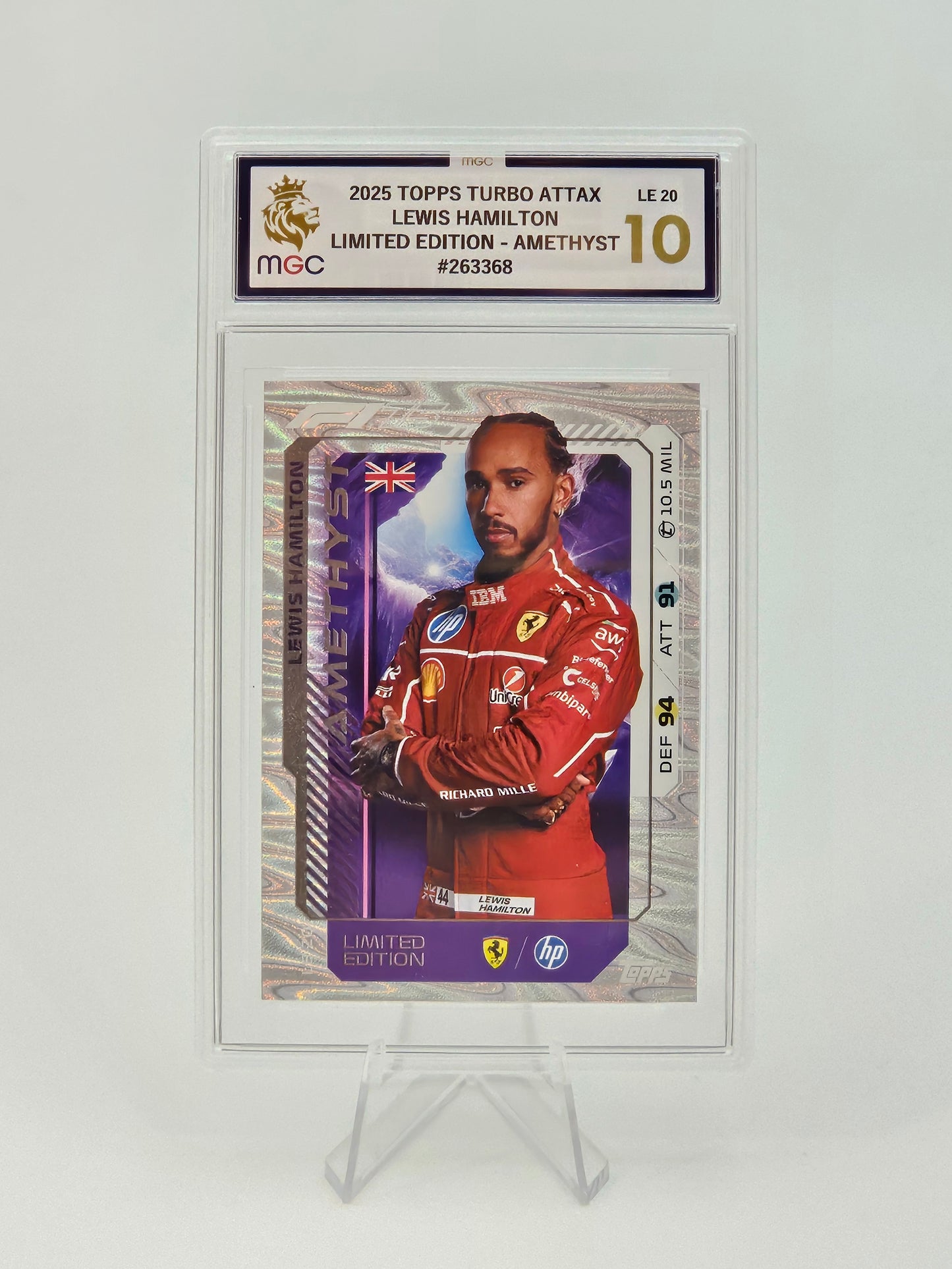 Lewis Hamilton, 2025 Topps Turbo Attax, Limited Edition Amethyst Card Graded MGC10