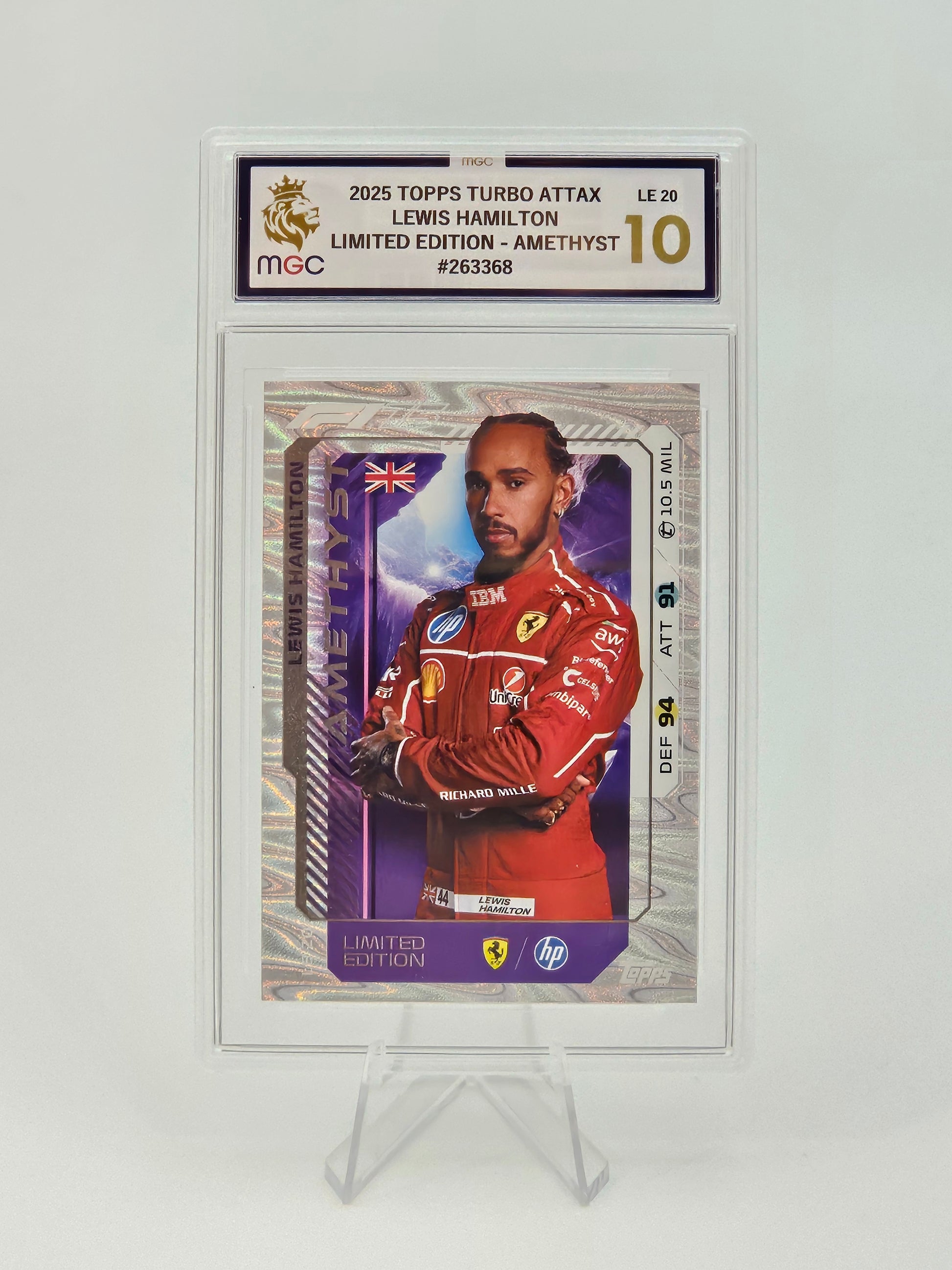 Lewis Hamilton, 2025 Topps Turbo Attax, Limited Edition Amethyst Card Graded MGC10