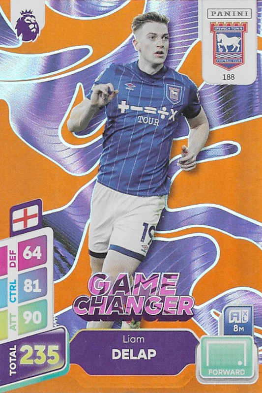 Liam Delap Game Changer Orange Parallel Card #188 - Panini Adrenalyn XL PLUS 2025 Premier League (Ipswich Town)