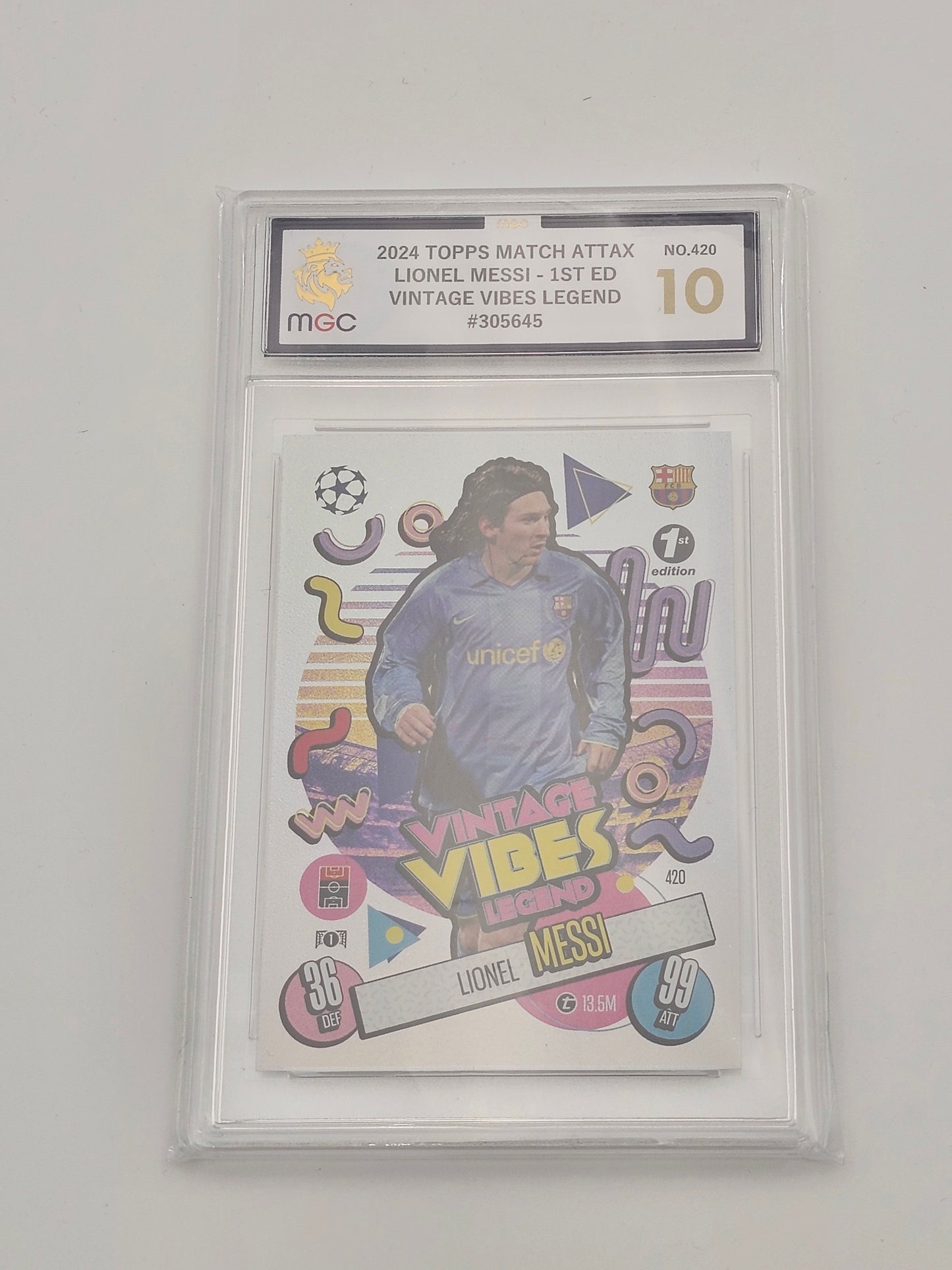 Lionel Messi 1st Edition Vintage Vibes Legend MGC 10 Match Attax 24/25 #420 POP1 (FC Barcelona)