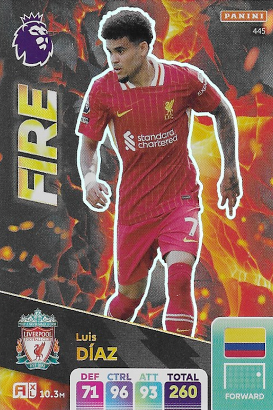 Luis Diaz Fire Panini Card #445 - Adrenalyn XL 2025 Premier League (Liverpool)