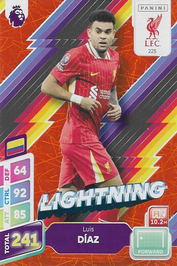 Luis Diaz Orange Parallel Lightning Card #225 - Panini Adrenalyn XL PLUS 2025 Premier League (Liverpool)