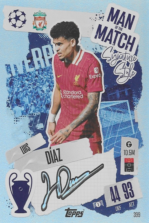 Luis Diaz Signature Style Man Of The Match Card No #399 Topps Match Attax 2024/2025 (Liverpool)