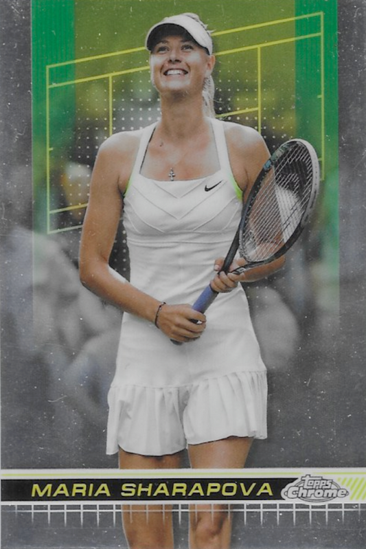 Trading card of Maria Sharapova holding a tennis racket on a tennis court background