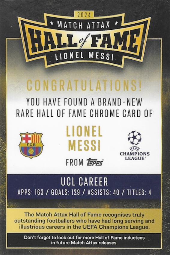 Lionel Messi Hall of Fame Card HOF 4 - Topps Match Attax 2025/25 ...