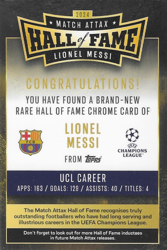 Lionel Messi Hall of Fame Card HOF 4 - Topps Match Attax 24/25 (2024/2025) Rear