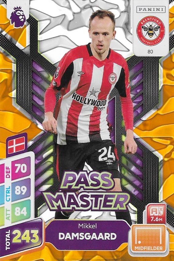 Mikkel Damsgaard Pass Master Orange Parallel Card #80 - Panini Adrenalyn XL PLUS 2025 Premier League (Brentford)