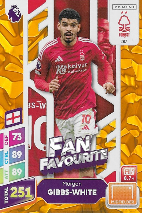 Morgan Gibbs-White Fan Favourite Orange Parallel Card #287 - Panini Adrenalyn XL PLUS 2025 Premier League (Nottingham Forest) 