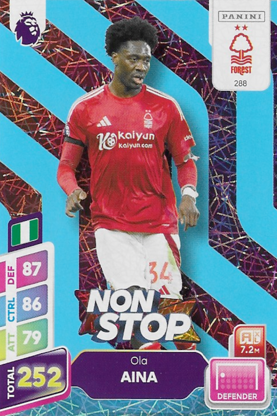 Ola Aina Blue Parallel Non Stop Card #288 - Panini Adrenalyn XL PLUS 2025 Premier League (Nottingham Forest)