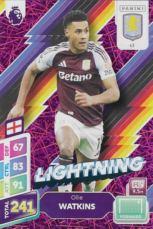 Ollie Watkins Purple Parallel Lightning Card #63 - Panini Adrenalyn XL PLUS 2025 Premier League