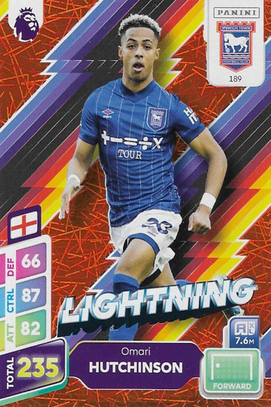 Omari Hutchinson Lightning Orange Parallel Card #189 - Panini Adrenalyn XL PLUS 2025 Premier League (Ipswich Town)