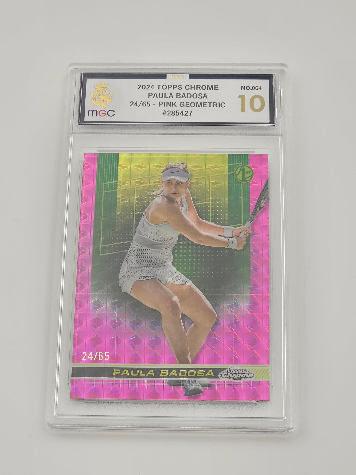 Paula Badosa 2024 Topps Chrome 1st Card Pink Geometric Refractor /65 MGC 10 front