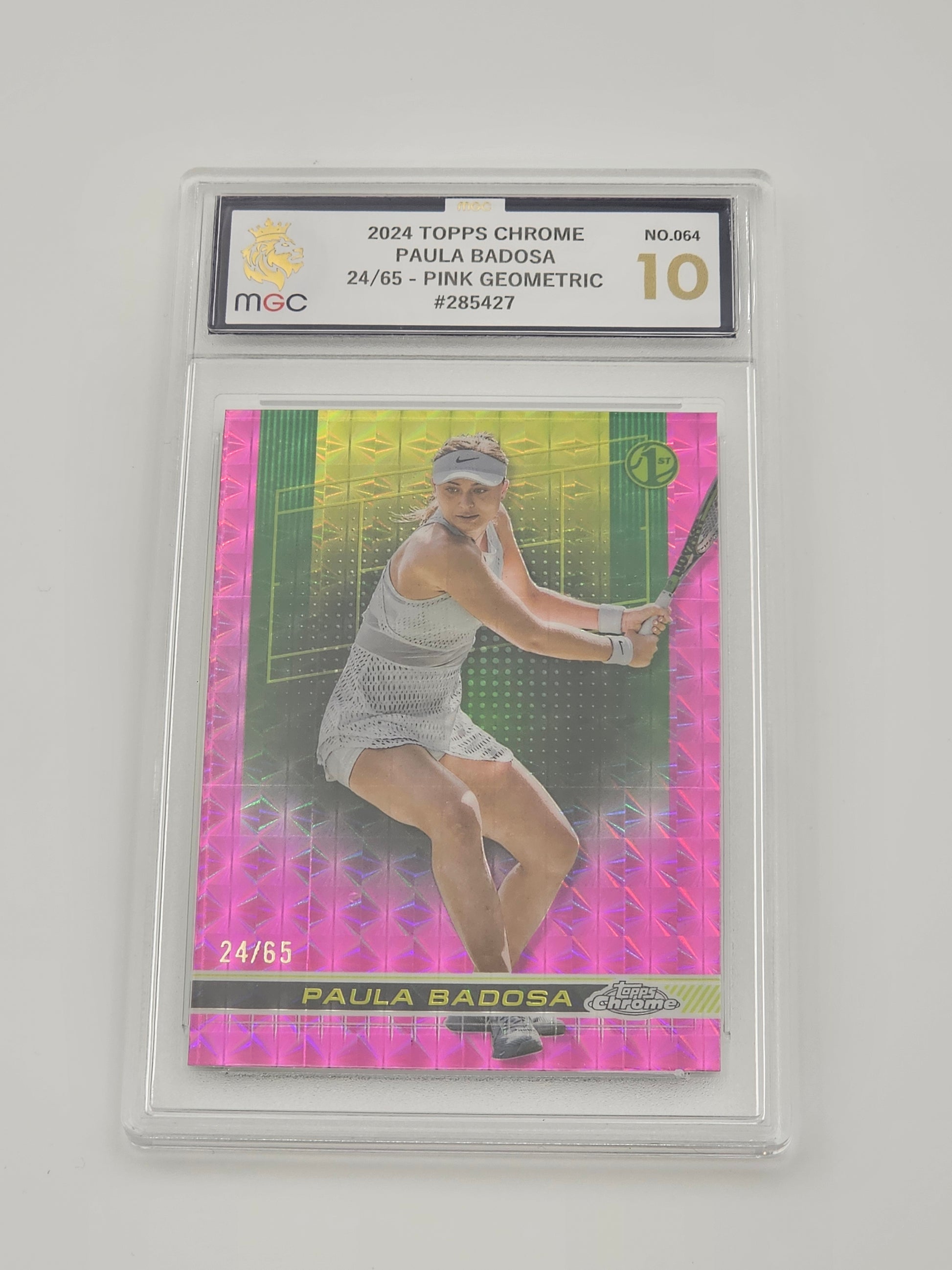 Paula Badosa 2024 Topps Chrome 1st Card Pink Geometric Refractor /65 MGC 10 front