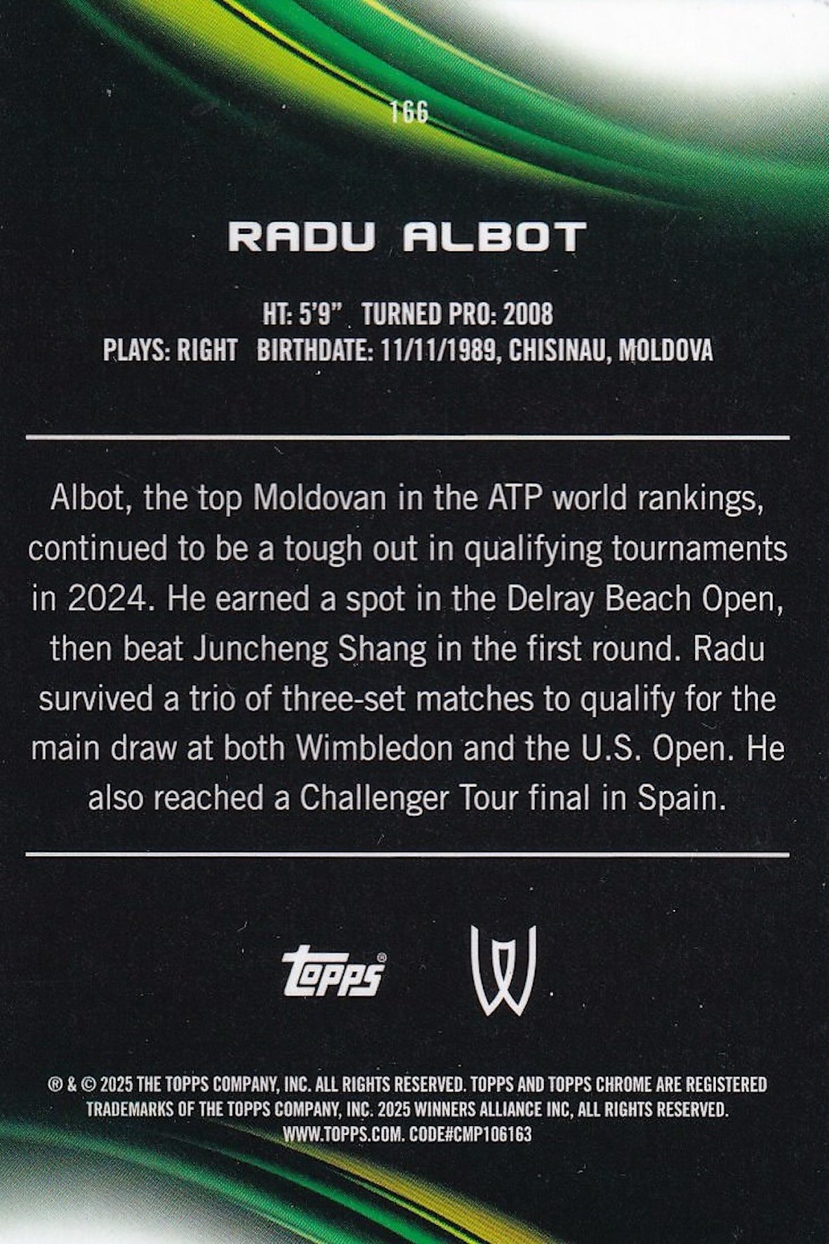 Radu Albot Aqua Refractor 009/199 - 2025 Topps Chrome Tennis Card #166