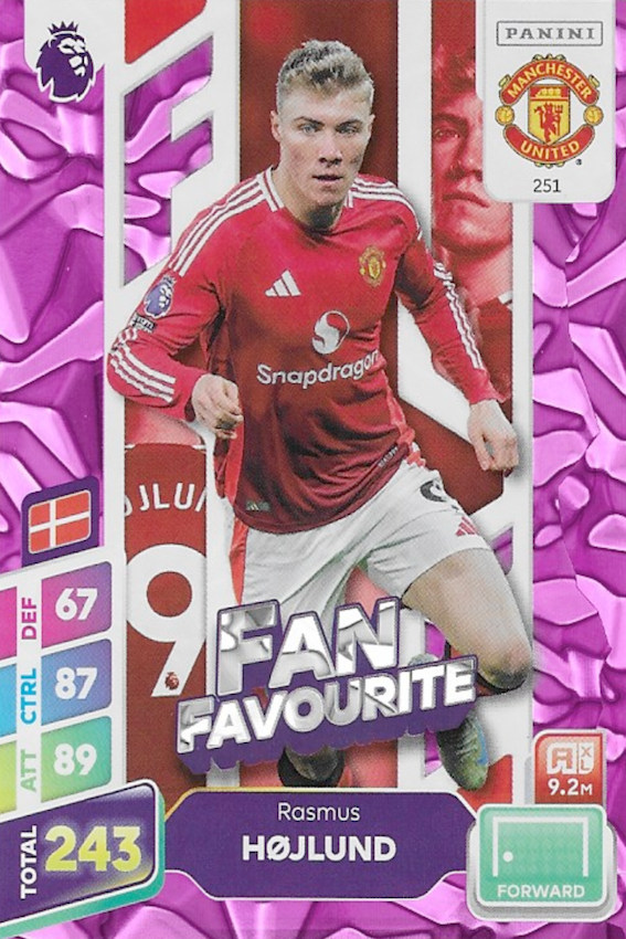 Rasmus Hojlund Fan Favourite Purple Parallel Card #251 - Panini Adrenalyn XL PLUS 2025 (Manchester United)