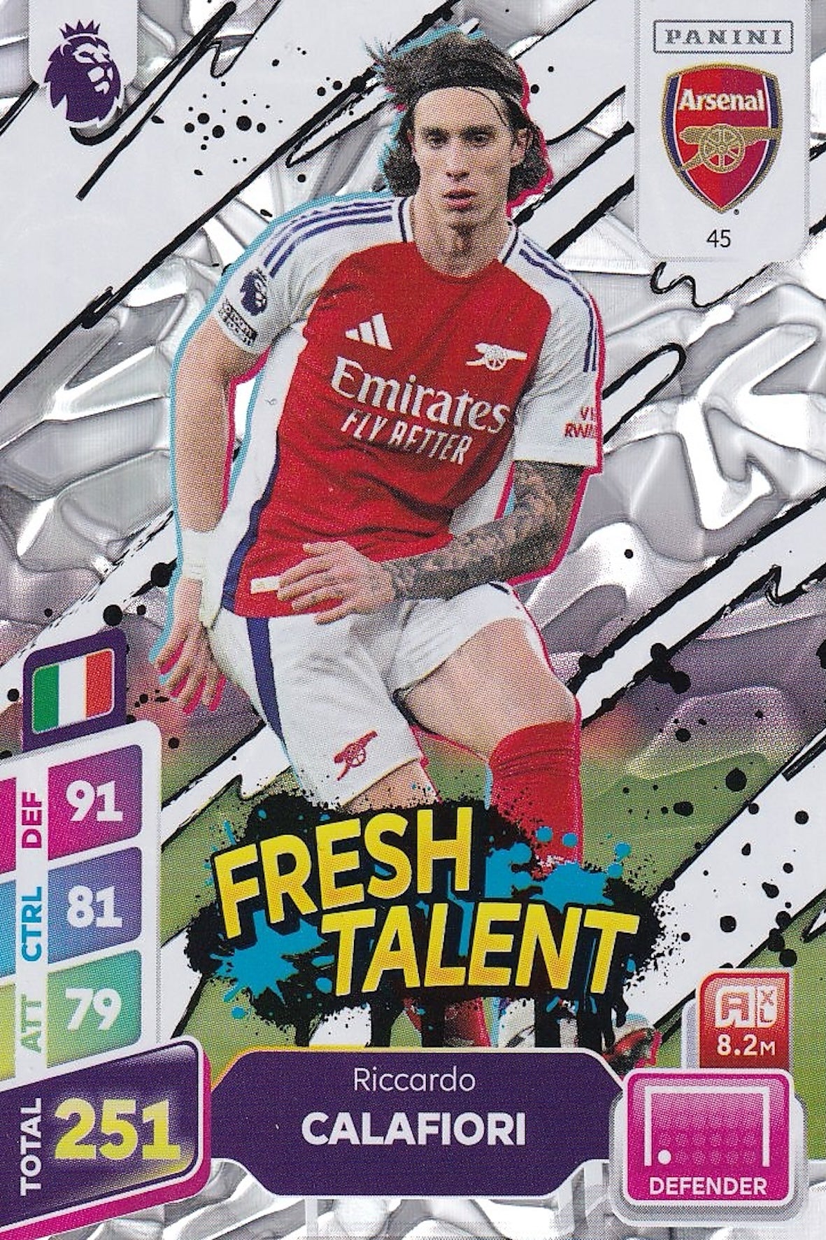 Riccardo Calafiori Fresh Talent Card #45 - Panini Adrenalyn XL PLUS 2025 Premier League (Arsenal)