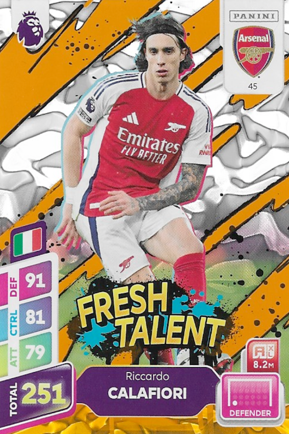 Riccardo Calafiori Fresh Talent Orange Parallel Card #45 - Panini Adrenalyn XL PLUS 2025 Premier League (Arsenal)