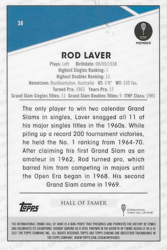 Rod Laver ITHF Topps Chrome Tennis 2021 Card - Number 38 - back of card