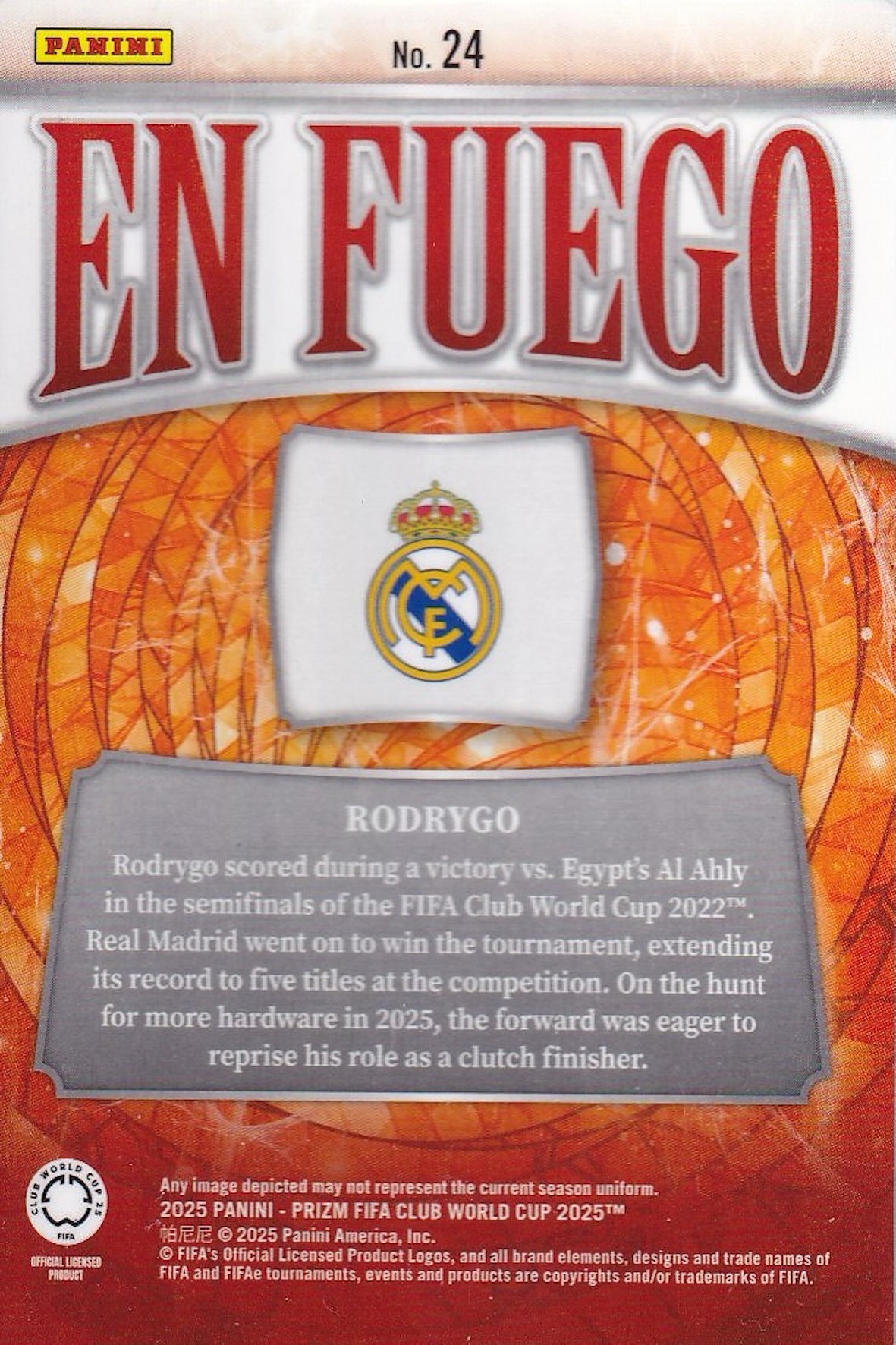 Rodrygo En Fuego Card #24 - Panini 2025 Prizm FIFA Club World Cup, Real Madrid back