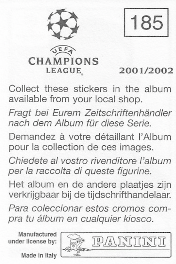 Ryan Giggs Panini Sticker 185 - Uefa Champions League 2001/2002 (Manchester United) Back of sticker