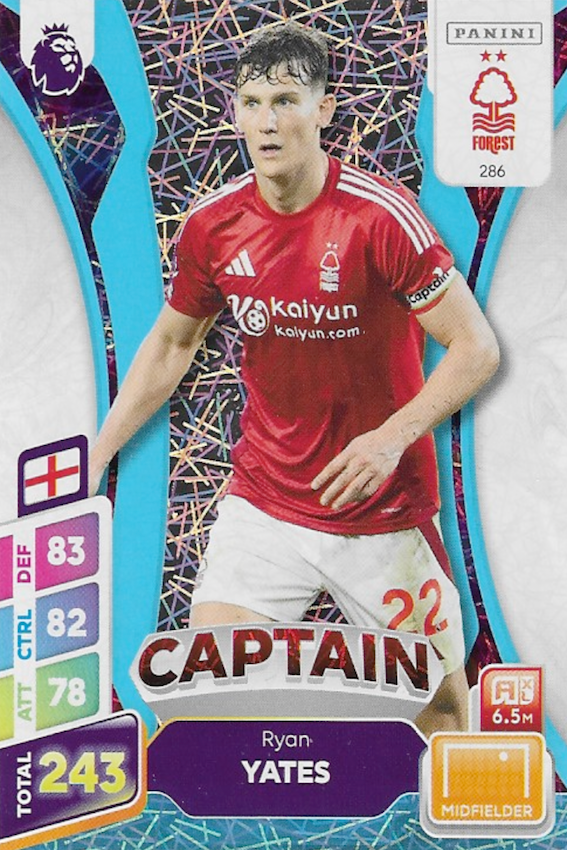 Ryan Yates Captain Blue Parallel Card #286 - Panini Adrenalyn XL PLUS 2025 Premier League (Nottingham Forest)