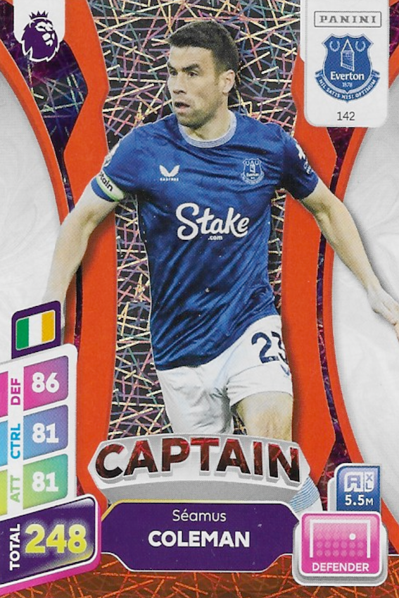 Seamus Coleman Captain Orange Parallel Card #142 - Panini Adrenalyn XL PLUS 2025 Premier League (Everton)