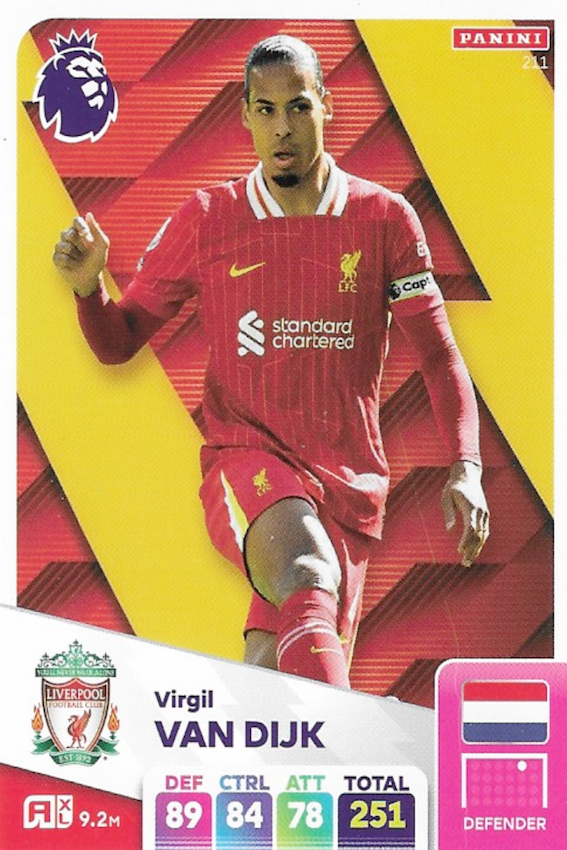 Virgil Van Dijk Base Card Number #211 - Adrenalyn XL 2025 Premier League by Panini (Liverpool)