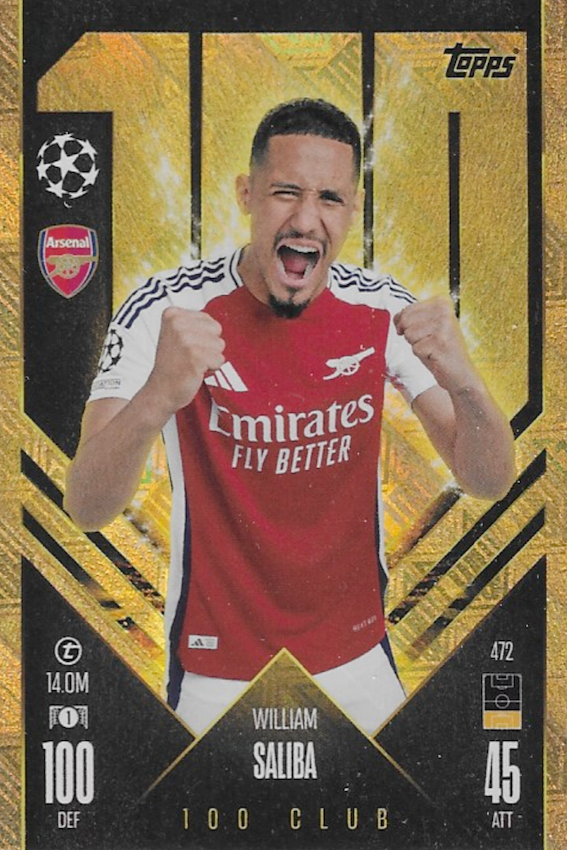 William Saliba 100/Hundred Club Card #472 - Topps Match Attax 2024/2025 (24/25) Arsenal