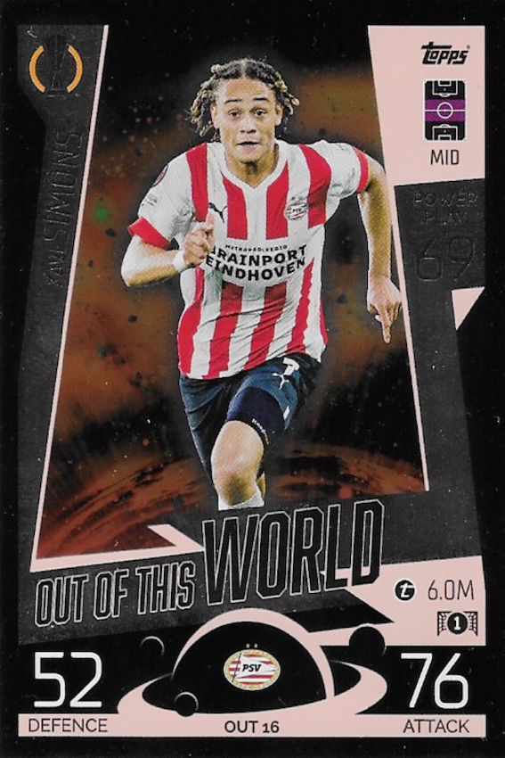 Xavi Simons Out Of This World Card Number OUT 16 - Match Attax Extra 2022/23 (PSV)