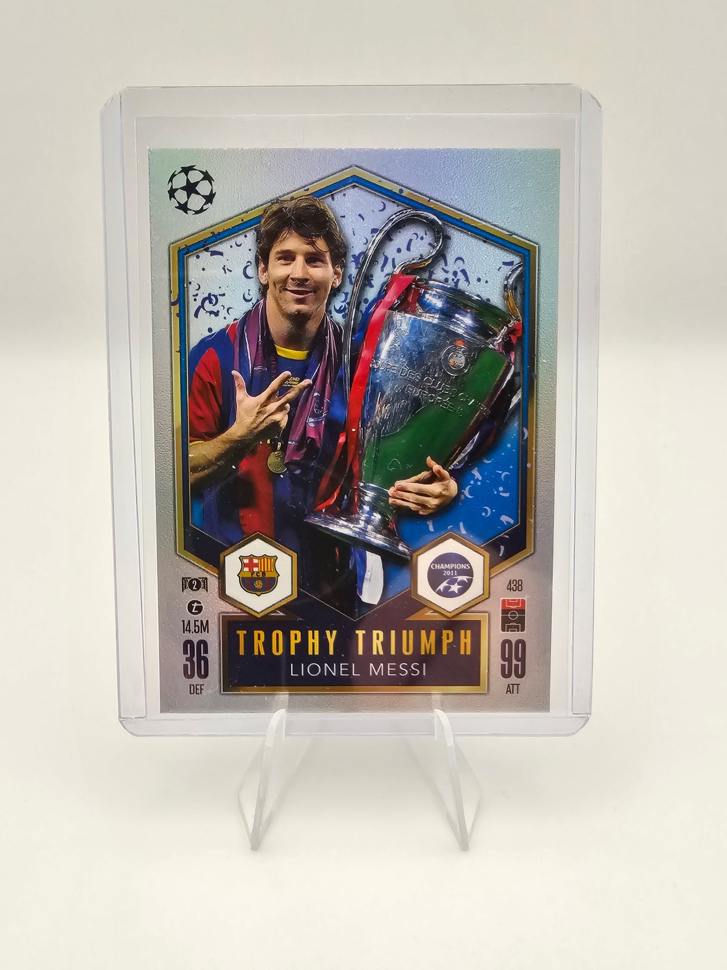 Lionel Messi Trophy Triumph Card, Number #438 - Topps Match Attax 2024/2025 Barcelona - In a top loader