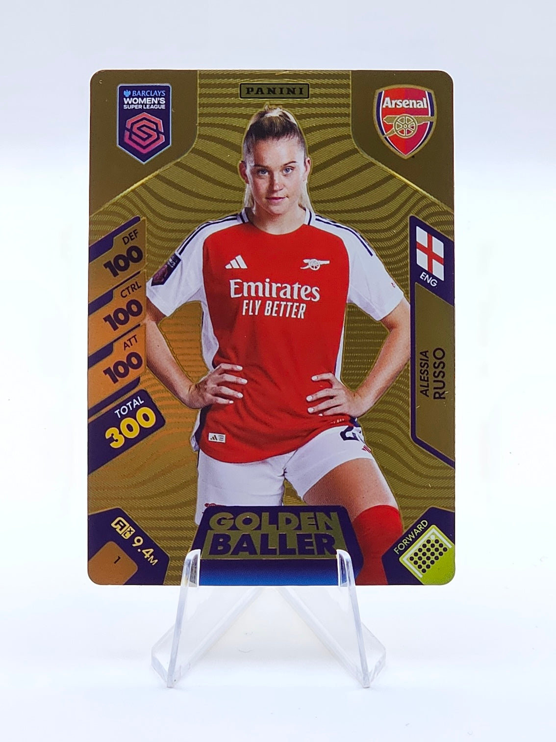 Alessia Russo GOLDEN BALLER Card #1 PANINI XL ADRENALYN 2025 Women's Super League on a stand